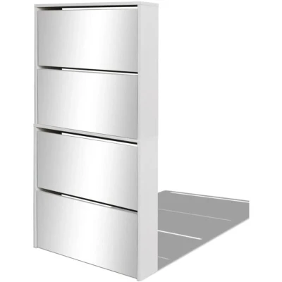 Image of vidaXL 4 Layer Shoe Cabinet White with Mirror, Wall Mounted Organiser, Hallway Storage Furniture, Engineered Wood Material, Durable and Modern Design