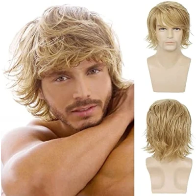 Image of Mens Blonde Wig Short Fluffy Layered Natural Synthetic Halloween Cosplay Hair for Male