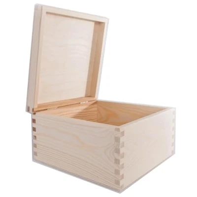 Image of Square Wooden Box with Hinged Lid 20 x 13.5 cm Trinket Memory Keepsake Storage Unpainted &amp; Untreated Plain Decorative Pine for Craft Decoupage