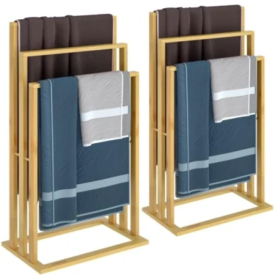 Image of CASARIA 2x Towel Holder Bamboo 3 Poles In A Staircase Stand Rail Free Standing Bathroom