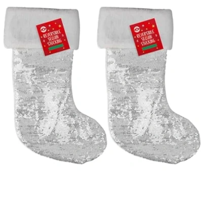 Image of AKEDE Christmas Stockings Stocking Red Large Silver And White Reversible Sequin Set Of 2