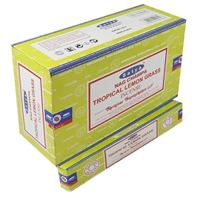 Image of SATYA Nag Champa Tropical Lemon Grass Agarbatti Handrolled Masala Incense Sticks 12 Packs of 15 Grams Each in a Box Export Quality Product