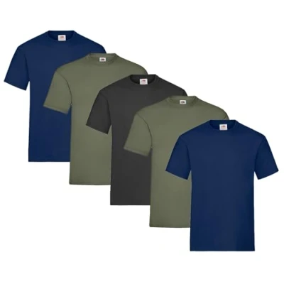 Image of Fruit of the Loom Men&#039;s T Shirt Pack 5 Heavy Cotton M L XL XXL 3XL Various Colour Sets, 2x Navy + Olive 1x Black 1 Hl Kauf Notepad,