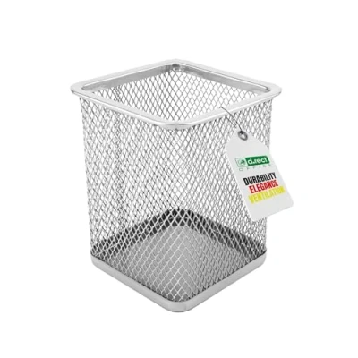 Image of D.RECT Square Metal Pencil Holder Cube Pen Multifunction Mesh Cup for Pens Perfect School, Office, Home Silver, (110779)