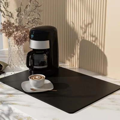 Image of Kitchen Super Absorbent Draining Mat Black, Dish Drying Mat, Coffee Machine Counter Protector, Drainer Non Slip for Bar Sink Worktop, 60x40cm