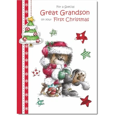 Image of doodlecards Great Grandsons 1st First Christmas Card Cute Bear Large A4 Size for with Plain Envelope