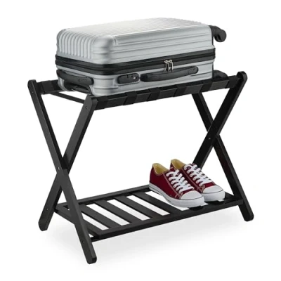 Image of Relaxdays Luggage Stand, Foldable, Bamboo, HxWxD: 56 x 68.5 41.5 cm, Suitcase Rack with Shelf, Hotels &amp; at Home, Black,