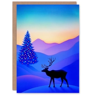 Image of Wee Blue Coo Greeting Card Reindeer Decorated Tree Winter Wonderland Sunrise Blank For Him Or Her Art Xmas Christmas