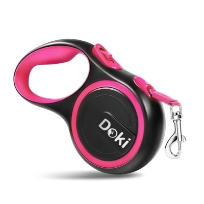 Image of DOKI Retractable Dog Lead, 5m/16FT Reflective Strong Nylon Tape Ribbon Leash, One Button Brake&amp;Lock Extendable Lead for Small Medium Dogs (Pink)