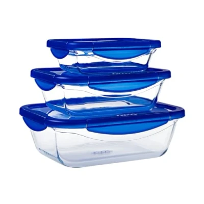 Image of Pyrex Cook &amp; Go Set of Different Sizes (3 Pieces Rectangular) Special to Take Away with Airtight and Leak Proof Lid Oven, Microwave Dishwasher Safe