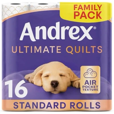 Image of Andrex Supreme Quilts Quilted Toilet Paper 16 Roll Pack 25% Thicker Than Before to Provide Ultimate Comfort with Unique Air Pocket Texture