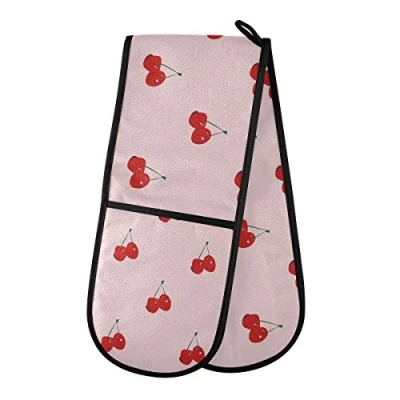 Image of TropicalLife Double Oven Glove Mitts Cherry Fruit Pattern Print Heat Resistant Pot Holders for Home Kitchen Cooking Baking Outdoor BBQ