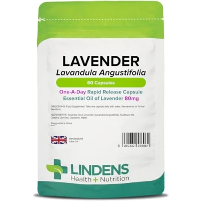 Image of Lindens Lavender Essential Oil 80mg, 60 Capsules 1 a Day, UK Made Rapid Release Softgel Capsule Stress Relief, Relaxation, Sleep Support Letterbox Friendly