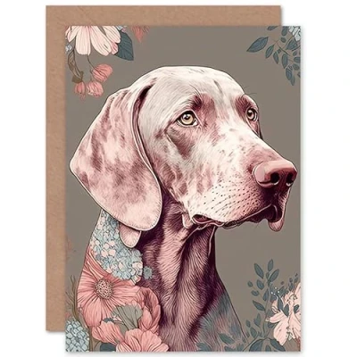 Image of Artery8 Weimaraner Dog Portrait with Flower Patterns Modern Detailed Illustration Art Birthday Sealed Greeting Card Plus Envelope Blank inside