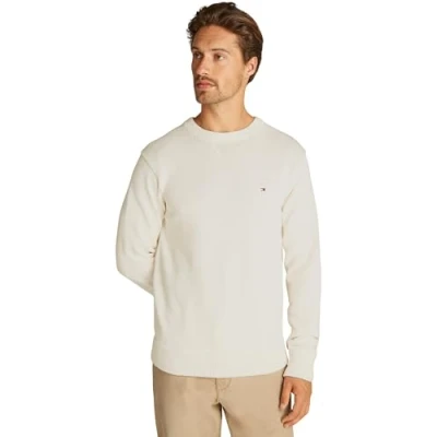 Image of Tommy Hilfiger Men’s Chunky Cotton Crew Neck Knitted Jumper, Off White (Ivory Petal), L