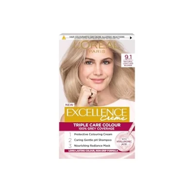Image of L&#039;Oréal Paris Excellence Crème Permanent Hair Dye, Radiant At Home Colour with Up to 100% Grey Coverage, Pro Keratin, 8 Weeks of Colour, Colour: 9.1 Natural Light Ash Blonde