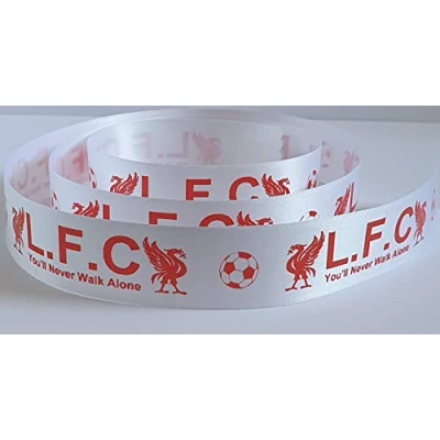 Image of Liverpool Ribbon 25mm Wide Satin Crafting Cake Gift wrap x 1 metre (White Ribbon/Red Print)