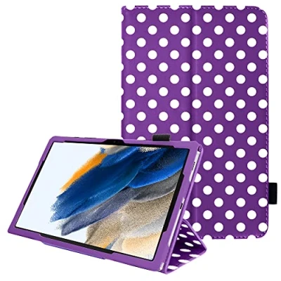 Image of TECHGEAR Leather Case for Samsung Galaxy Tab A8 10.5&quot; (SM X200 / SM X205) Premium PU Slim Folio Stand Smart Cover with Hand Strap, Auto Sleep/Wake [Polka/Purple]