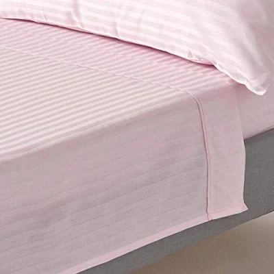 Image of HOMESCAPES Dusky Pink Pure Egyptian Cotton Flat Sheet Single 330 TC 500 Thread Count Equivalent Satin Stripe Bed