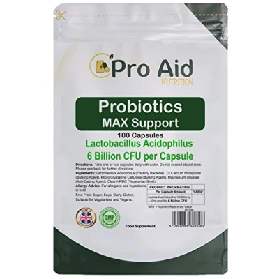 Image of Probiotics Capsules Max Support 6 Billion CFU 100 Pack by ProAid Healthy Gut Digestion Bio Cultures Premium Vegetarian