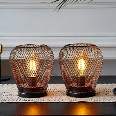 Image of JHY DESIGN Table Lamps Battery Operated, 17cm High Bedside Lanterns Cage Lighting Cordless Light for Bedroom Home Wedding Party Lounge Indoor Gift Living Room Hallway (Set of 2, Diamondshape)