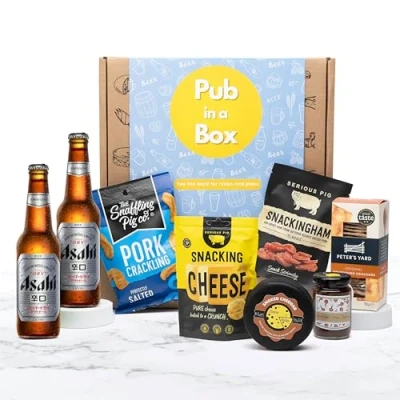 Image of Cheese and Beer Gift Hamper Set Includes 6 Snacks, 2 x Bottles Plus Cheese, Meat &amp; Savoury Father&#039;s Day For Him (2 Asahi Lagers)