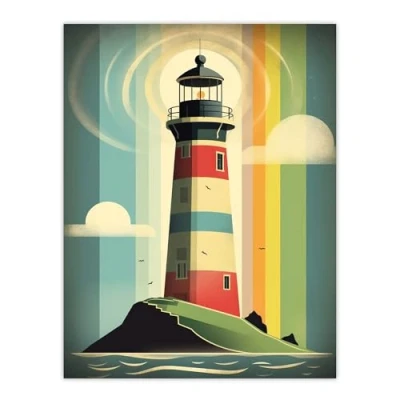 Image of Artery8 Modern Stylised Lighthouse Flat Style Multicoloured Seascape Illustration Unframed Wall Art Print Poster Home Decor Premium