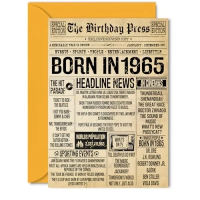 Image of 60th Birthday Card for Women Men Bday Press Newspaper 1965 Happy 60 Cards Neighbour Nanny Wife Sister Friend Brother, 5x7 Inch Greeting