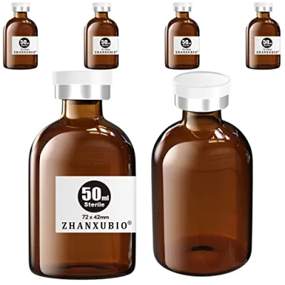 Image of ZHANXUBIO Sterile Empty Vials with Self Healing Injection Port and Aluminum Plastic Cap,Sterile Package (50ml Amber 6PCS)