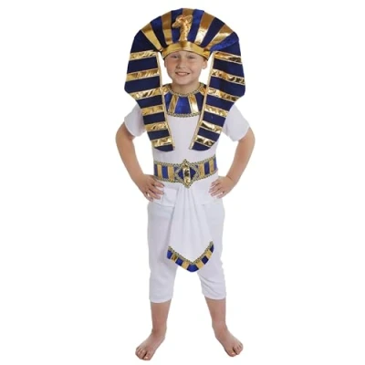 Image of BOYS EGYPTIAN FANCY DRESS COSTUME CHILDRENS PRINCE PHARAOH KING TUT ANCIENT EGYPT SCHOOL CURRICULUM WHITE TOP + TROUSERS BLUE &amp; GOLD DETAIL BELT MATCHING LARGE HEADPIECE 10 12 YEARS