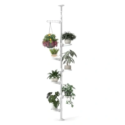 Image of Hershii 7 Layer Tension Pole Plant Stand Indoor Decorative Metal Flower Pot Holder Display Rack Floor to Ceiling Adjustable Hanging Corner Shelf Space Saver Ivory