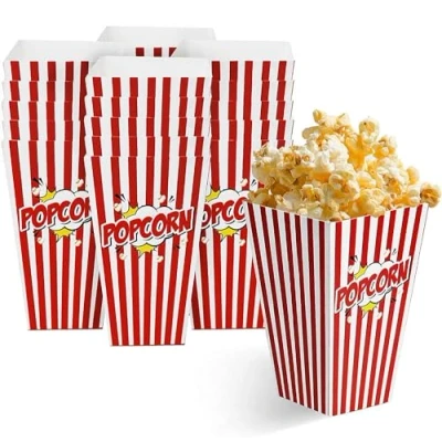 Image of MATANA 100 Large Popcorn Boxes, 9x17cm Red &amp; White Striped Retro Design Theatre, Cinema, Fun Movie Nights, Sleepovers, Kids’ Parties, Birthdays