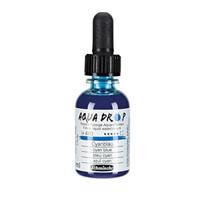 Image of Schmincke AQUA DROP, liquid, pigment based watercolour, cyan blue in 30 ml pipette bottle, 24480034, for watercolour painting, urban sketching, calligraphy, handlettering, lightfast