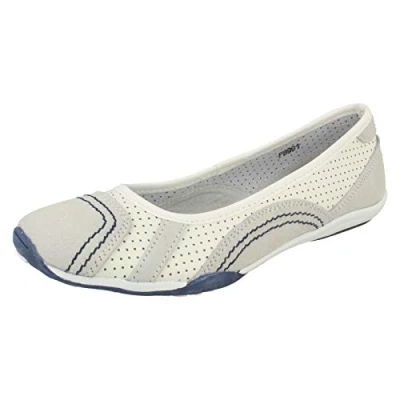 Image of Ladies Down to Earth Flat Ballerina Shoes White/Navy Leather UK Size 4 EU 37 US 6