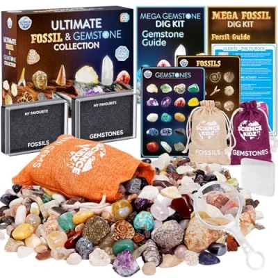 Image of Science Kidz Ultimate Rock Collection Kit Over 150 Crystals, Gemstones, Fossils, Minerals For Kids Earth Gem Stones Geology Nature Gifts Boys &amp; Girls Plus BONUS Amazing TV