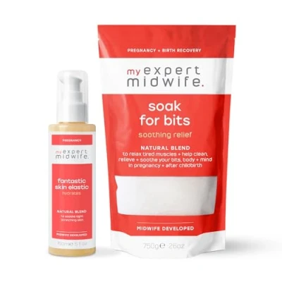 Image of My Expert Midwife Super Scrub Duo Pregnancy &amp; Postpartum Gentle Body Exfoliator to Relieve Recharge, Combine Benefits of Soak for Bits Epsom Bath Salts Fantastic Skin Elastic Serum 750g/150ml