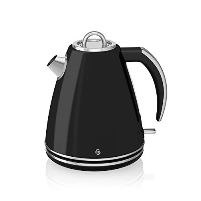 Image of Swan SK24030BN Retro Jug Kettle, Cordless Design, Stainless Steel, 3kW, 1.5 Litre, Black