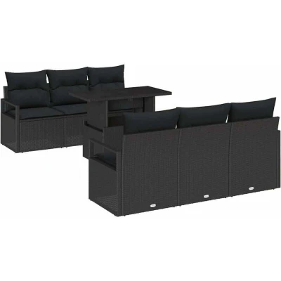 Image of vidaXL 7 Piece Garden Sofa Set with Cushions Black Poly Rattan