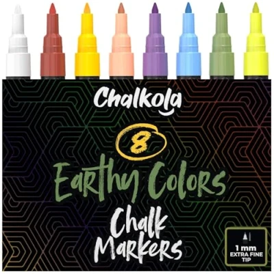 Image of Extra Fine Tip Chalkboard Chalk Pens 1mm Nib Pack of 8 Classic Earth Colors Non Toxic Wet Erase Liquid Ink Markers