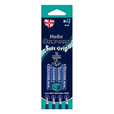 Image of Helix Oxford Soft Grip Ballpoint Pens (x4 Pack Blue Ink) with Plastic Free Packaging, 227010