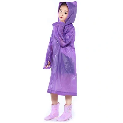 Image of Kids Rain Coat for Girls Boys, Waterproof EVA Poncho with Hood, Reusable Toddler Jacket Cape Rainwear, Clear Children Raincoat Travel Outdoor Climbing Hiking Camping (Purple)