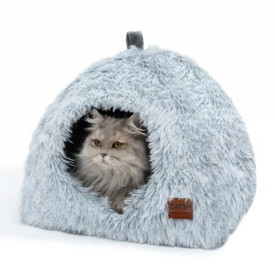 Image of CATISM Pet Bed Plush Tent Cave House Triangle Cat Nesting Nest for Cats Small Dogs Puppy with Washable Removable Pillow Cushion Carrying Handle Anti slip Igloo Large Grey