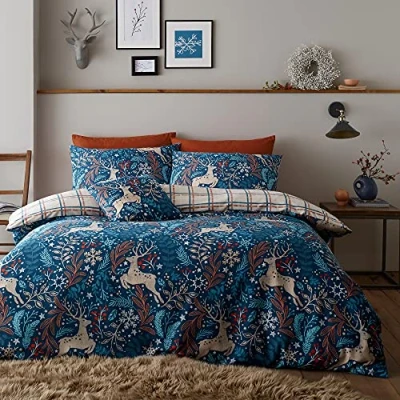 Image of Happy Linen Company Winter Stags Blue Double Reversible Duvet Cover Bedding Set