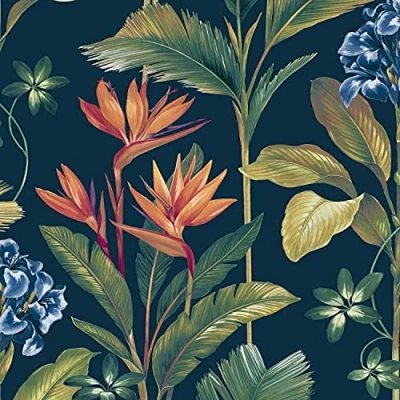 Image of Oliana Navy Wallpaper Green Blue Floral Tropical