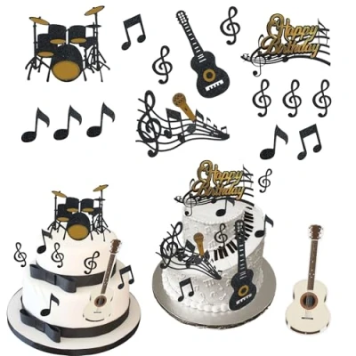 Image of Happy Birthday Cake Toppers Set,Rock Star Cupcake Topper Musical Theme Toppers,Music Notes Electric Guitar Toppers,Cupcake Decoration for Party Supplies