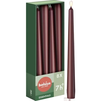Image of Bolsius Tapered Candles Dark Red 8 Pack 24.5 cm Decorative Household Burning Time of 7 Hours Unscented Includes Natural Vegan Wax Without Palm Oil