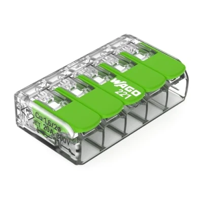 Image of WAGO Green Range Terminal Block 5 Wire, to 4 mm², Splicing Connectors Pole with Lever for All Conductor Types Pluggable, 221 425, 8 pcs