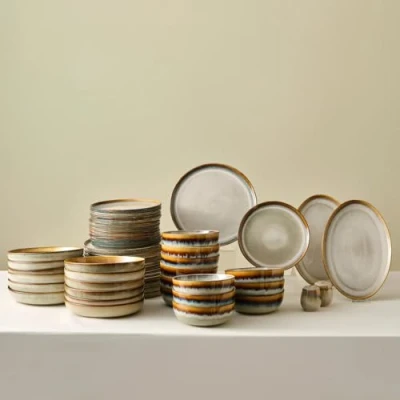 Image of Karaca Earthy Reactive Glaze 52 Piece Stoneware Dinner Set for 12 People, Dishwasher Safe, Microwave Plate, Side Pasta Bowl, Soup Serving Platters, Multi