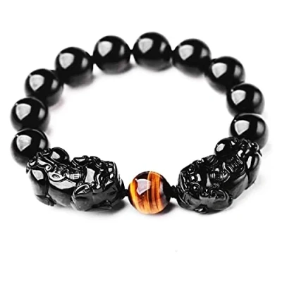 Image of VENEZIANA Bracelet Double Pixiu/Pi Yao Natural Gemstone Women Men Obsidian Amulet for Good Fortune Courageous Lucky Wealth,12MM,Feng Shui Black (Size : 12MM)