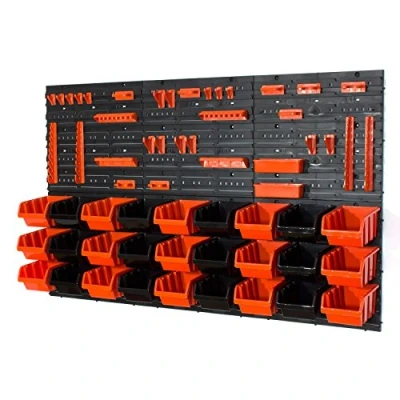 Image of 27 black and orange M size storage bins with wall mounted panel